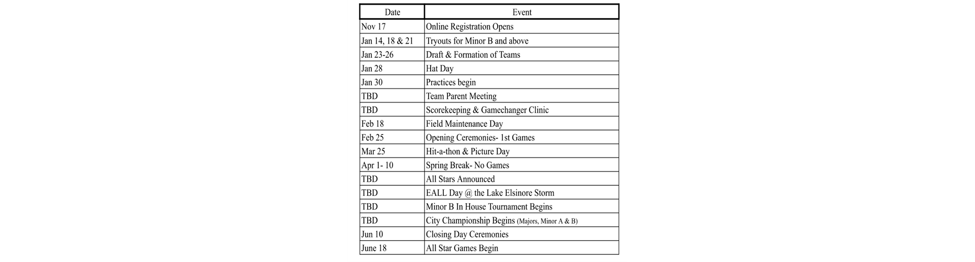 SPRING EVENT DATES & INFORMATION