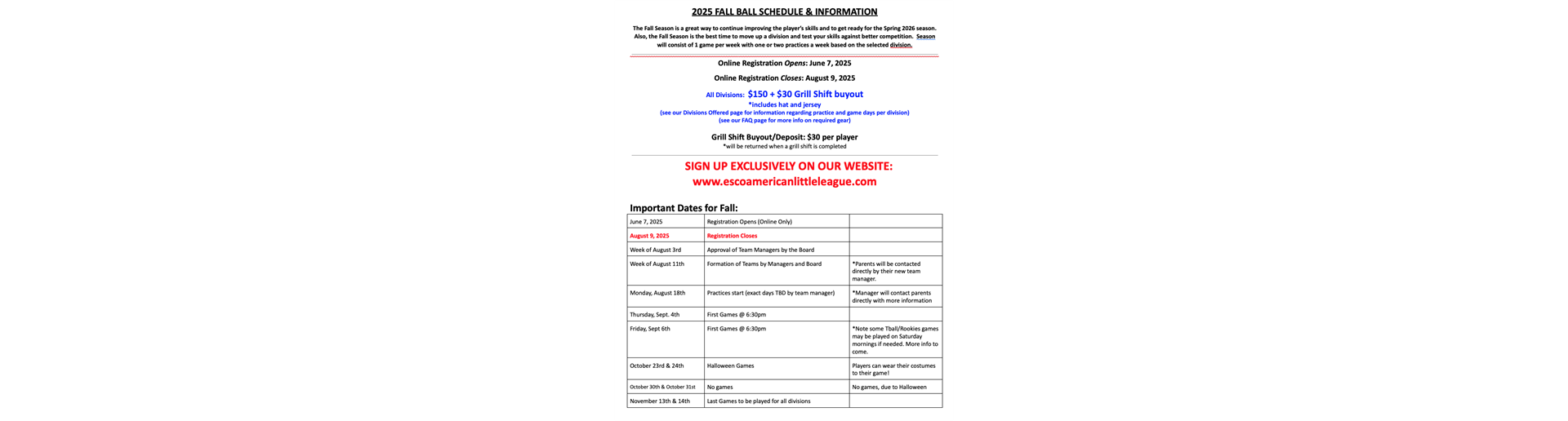 FALL 2025 IMPORTANT DATES & INFORMATION