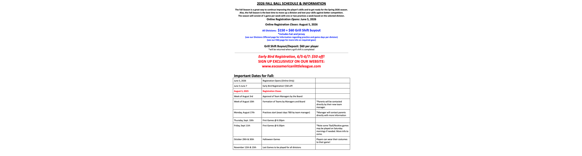 2026 FALL IMPORTANT DATES & EVENTS