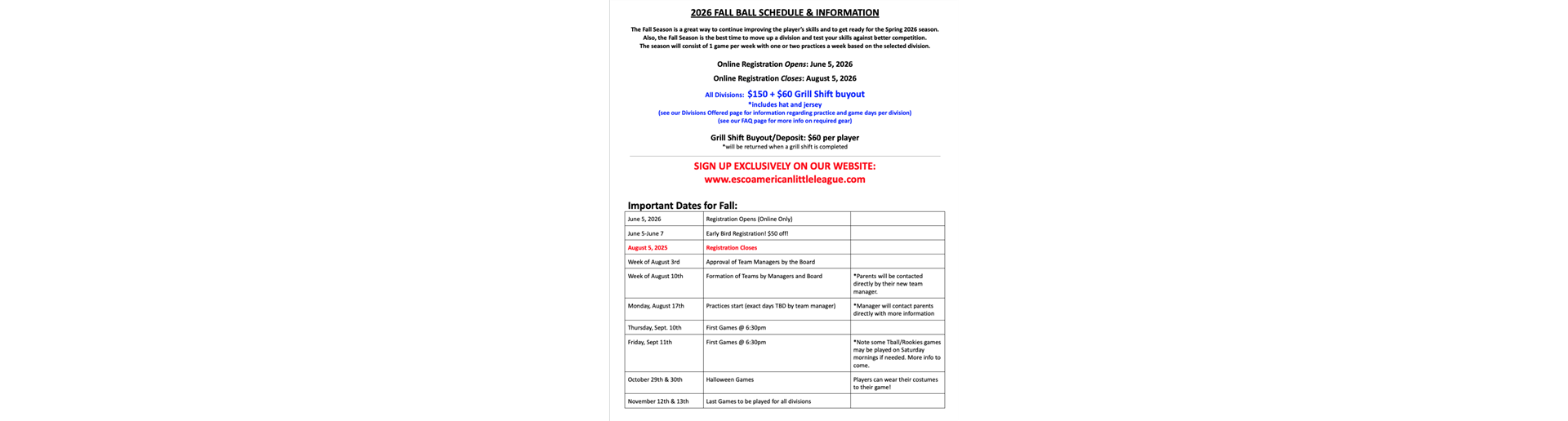2026 FALL IMPORTANT DATES & EVENTS
